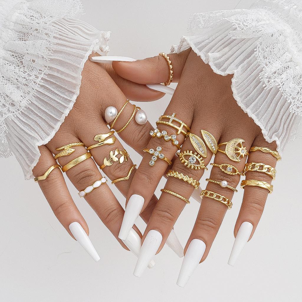 Fashion Minimalist Vintage Elegant Heart Butterfly Faux Pearl Rhinestone Geometric Wave Infinity Metal Rings Set Party Jewelry