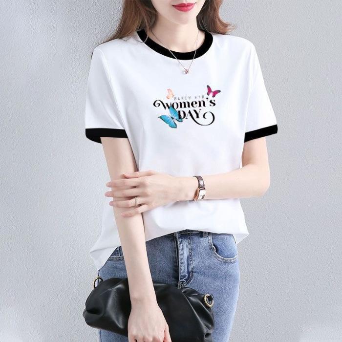 

Женская летняя футболка с коротким рукавом из 100% хлопка, новая, с контрастной вставкой, с круглым вырезом M белый