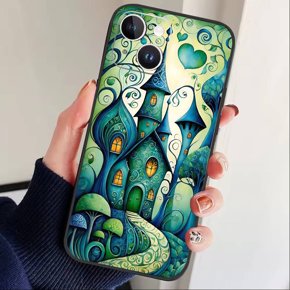 Whimsical landscape Starry Night Phone Case For iPhone 17 16 15 14 13 12 Max Plus Silicone Black Cover