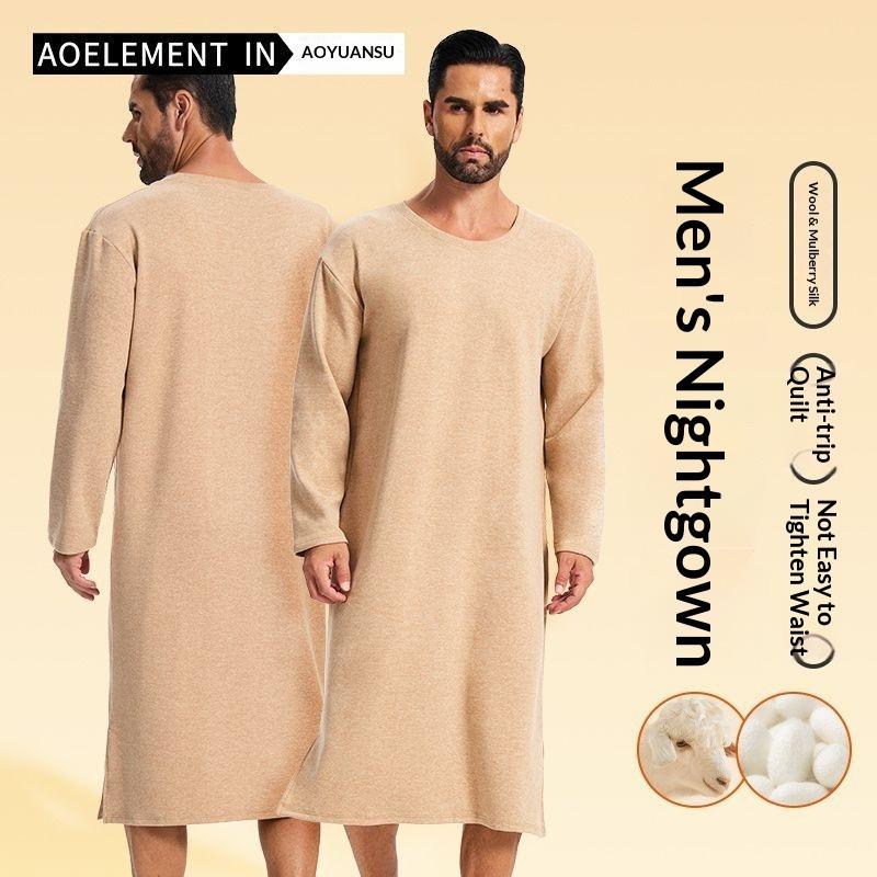 Vestaglia Lunga da Notte da Uomo a Maniche Lunghe al Ginocchio - Robe Lunga in Pile Spazzolato Double-Face, Homewear All-in-One con Miscela di Lana e Seta