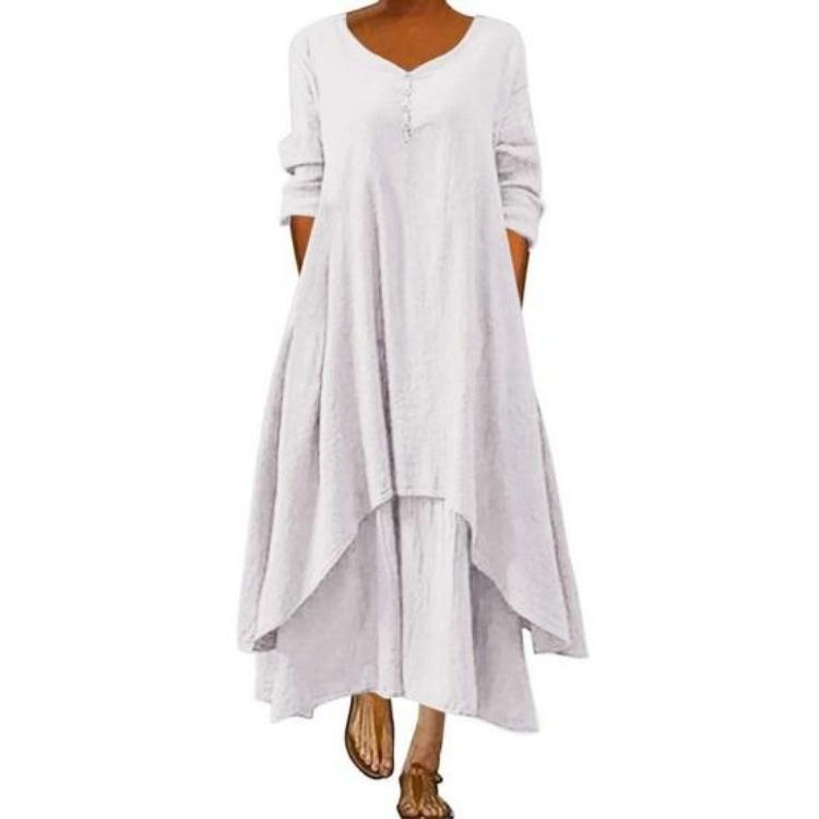 Plus Size Women Maxi Dress Irregular Layered Hem Round Neck Ninth Sleeves with Pockets Loose Beach Dress Solid Color