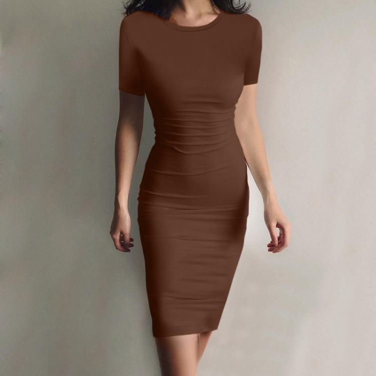 Fashion Women Solid Color Slim Fit Round Neck Short Sleeve Dress S кофейный