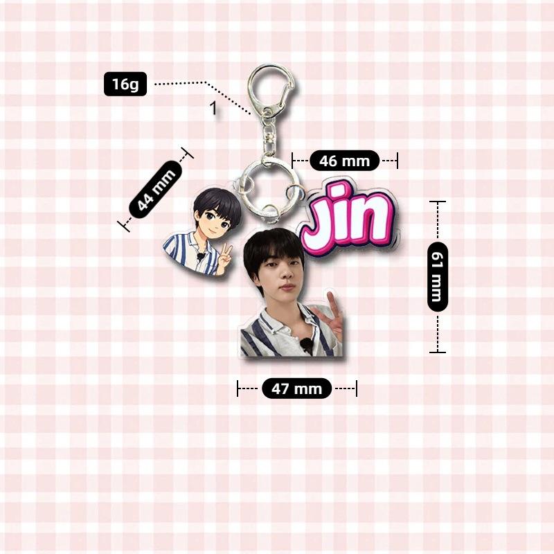 BTS 3-in-1 Acrylic Keychain, Bangtan Boys Real Photo + Cartoon Figure + Colorful Name Tag Triple Charm Keyring, Kpop ARMY Fans Bag Pendant