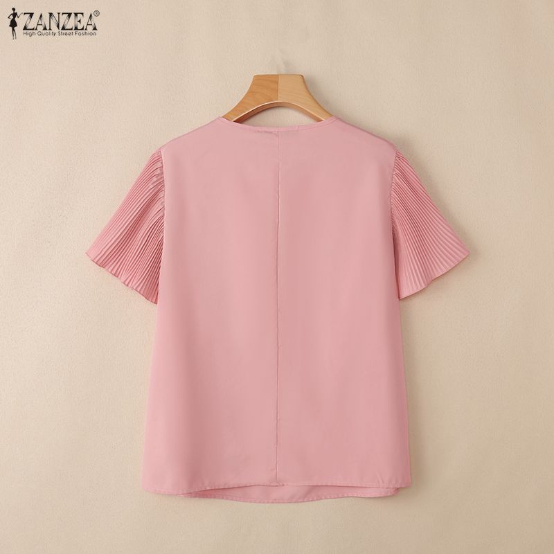 ZANZEA Women Casual V-Neck Solid Color Loose Pleated Short Sleeve Blouse