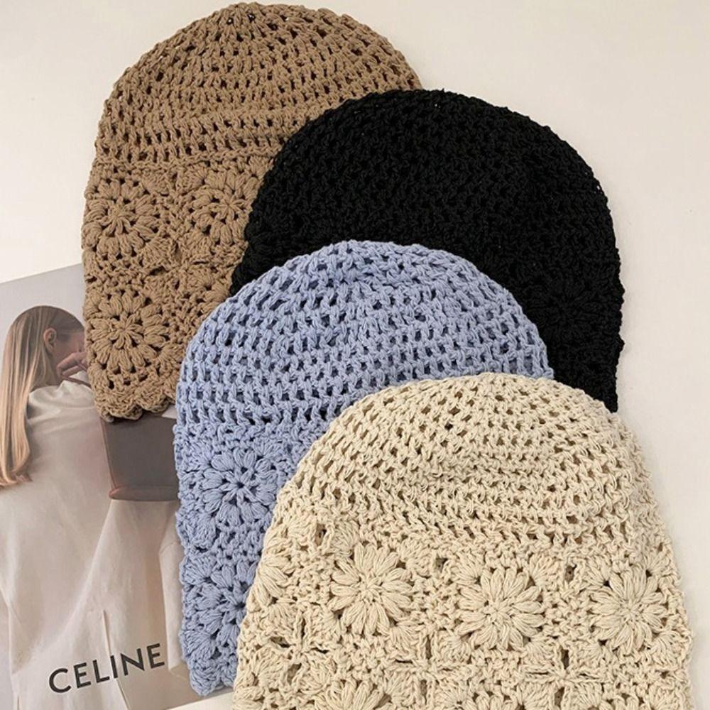 Breathable Hollowed Out Knitted Hat Flowers Casual Skullies Hat Fashion Summer Beret Cap Women