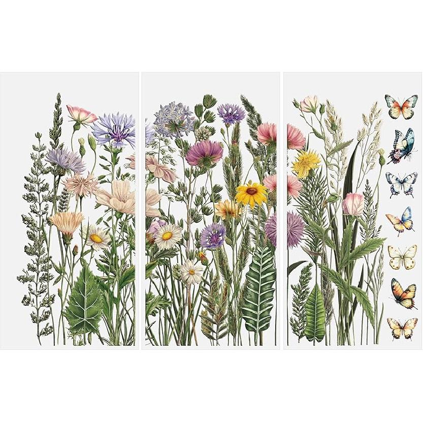 Rub On Transfers for Crafts, 3 Sheets Wildflowers Rub On Transfer Stickers Waterproof Self-Adhesive Butterflies and Flowers Rub On Transfer for Wood
