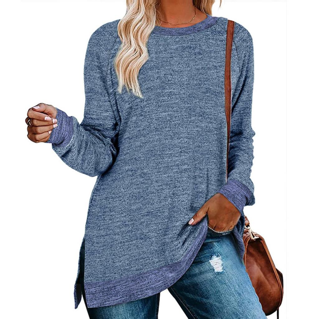 European American Women's Color Block Split Long Sleeve Crew Neck Loose Casual Pullover T-shirt Top