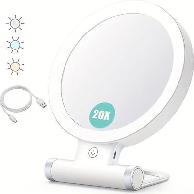 Illuminated Magnifying Glass 20X, Double Sided Table Top Mirror with Adjustable Folding Handle for Makeup/Travel