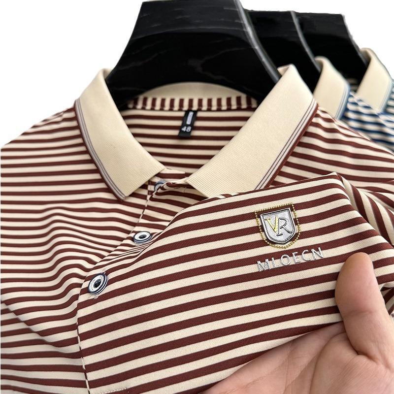 Striped Short-Sleeved Polo Shirt Men'S T-Shirt Cotton Casual Men'S Threaded Lapel Half-Sleeved Top