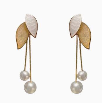 Pearl Earrings, Leaf Tassel Earrings One Size