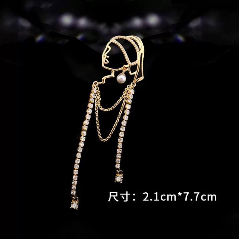 New Creative Full Zircon Tassel Girl Wearing Pearl Earrings Brooch for Women High-end Retro Corsage Suit Pin Jewelry Accessories