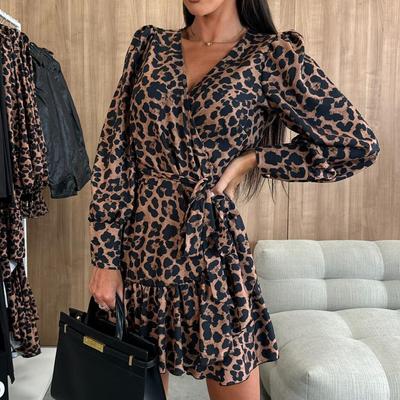 Women's Long Sleeve Bubble Sleeve Dress Summer New V-Neck Tie Printed Dresses
