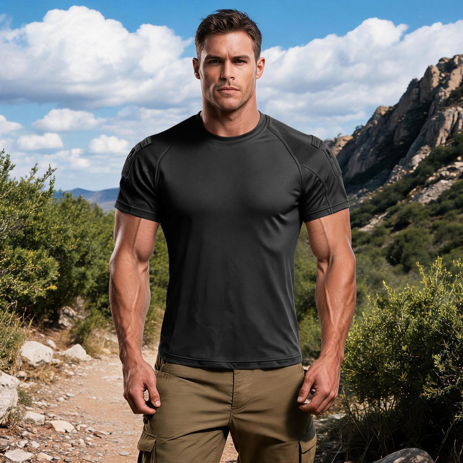 

Men Short Sleeve Crew Neck T Shirt Style Top with Shoulder Pockets for Outdoor Training Hiking Sports XXL чёрный