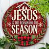 1pc Jesus Is The Reason For The Season 8x8 Inch Round Metal Sign Rustic Christmas Wall Decor Holly Snowflake Ribbon