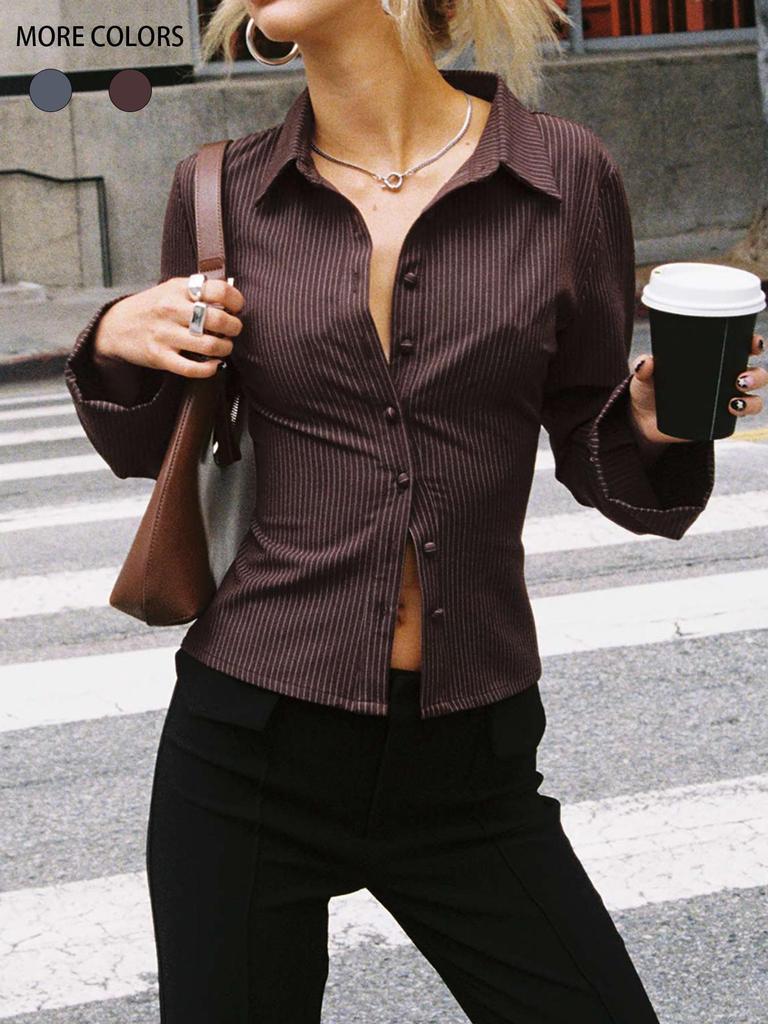2024 European & American Spring/Autumn Striped Slim-Fit Button-Down Cardigan with Lapel