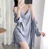 Pajamas Female Spring and Fall Thin Section of Ice Silk Long-sleeved Robe Sexy V-neck Nightgown Set