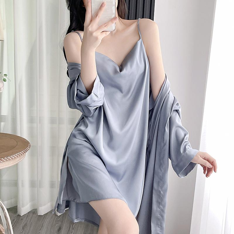 Pajamas Female Spring and Fall Thin Section of Ice Silk Long-sleeved Robe Sexy V-neck Nightgown Set