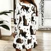Women Plus Size Long Sleeve Scallop Neck Printed White Dress