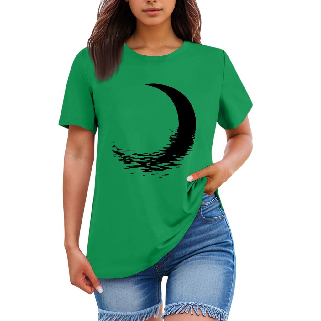 Ladies' Loose Comfortable Casual Fashionable  Moon Pattern Printed Round Neck Short Sleeved Shirt