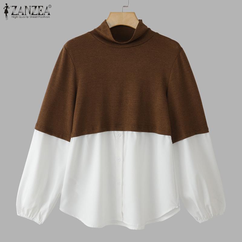 ZANZEA Women Turtleneck Patchwork Casual Long Sleeve Blouse