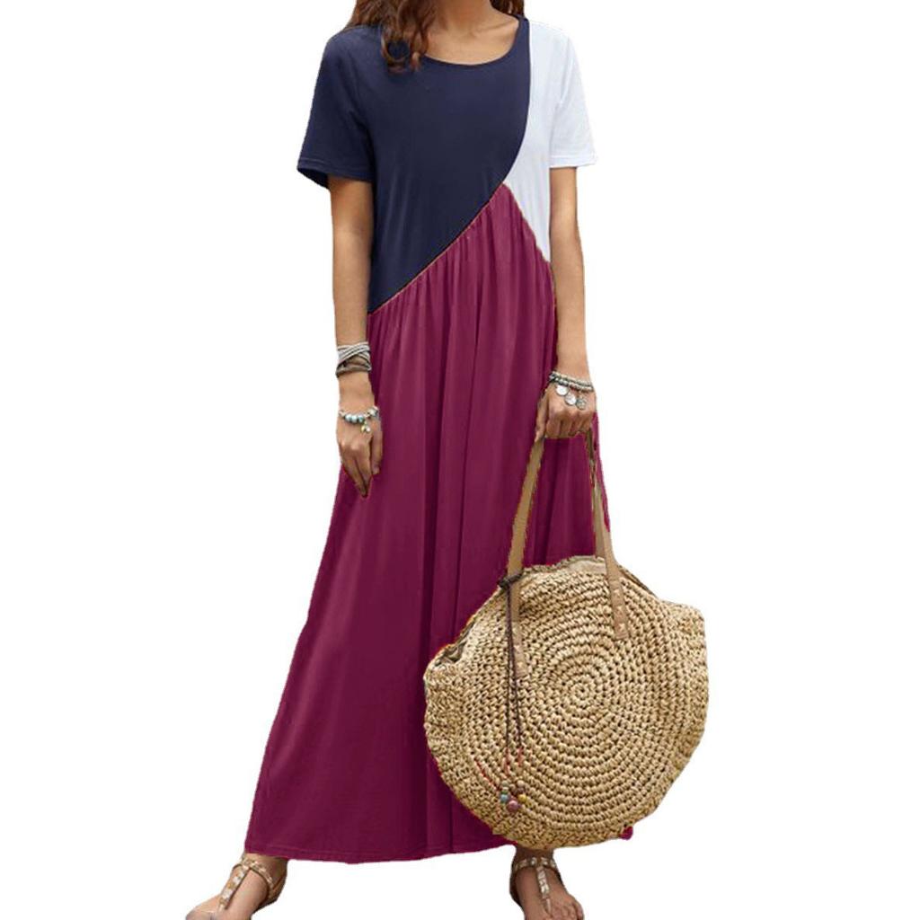 European and American Spring and Summer New Splicing Short-sleeved Dress Beach Skirt Women's Long Dress