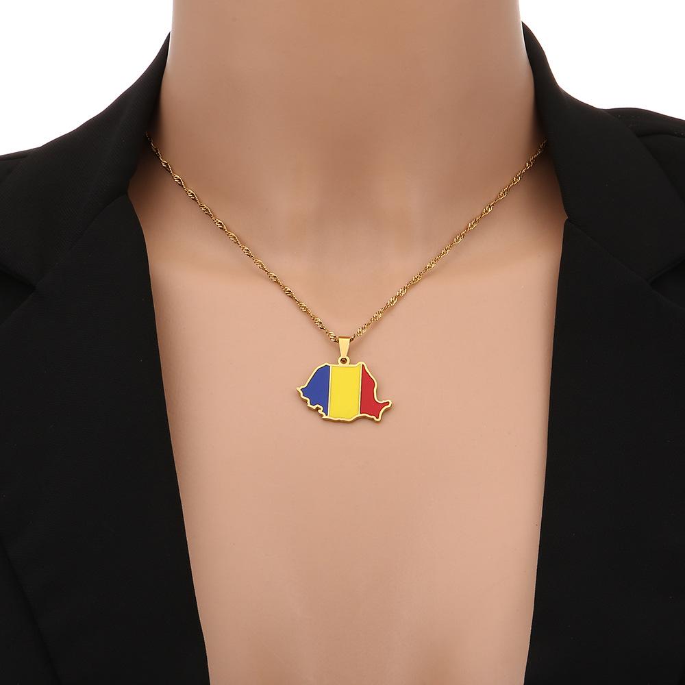 Romanian Stainless Steel Map Necklace – Ethnic Geometric Pendant Clavicle Chain for Women