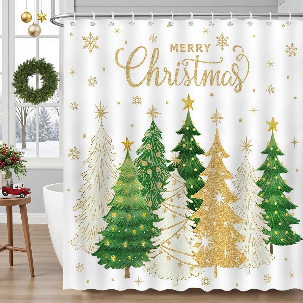 Christmas Shower Curtain Xmas Tree Merry Christmas Snowflake Bathroom Shower Curtain Winter Waterproof Fabric Shower Curtains