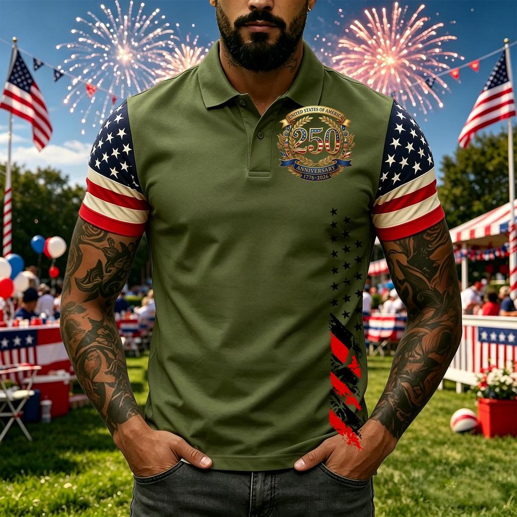 Men's Short Sleeve Polo Shirt with Independence Day Print Casual Fit Button Down Collar Top for Everyday Wear