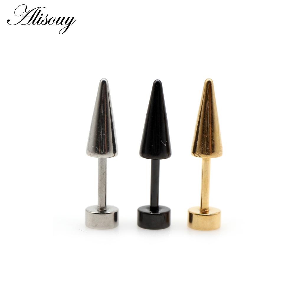 Alisouy 2pcs Unisex Gothic Punk Stainless Steel Cone Spike Rivets Dumbbell Barbell Piercing Men Women Screw Ear Stud Earrings