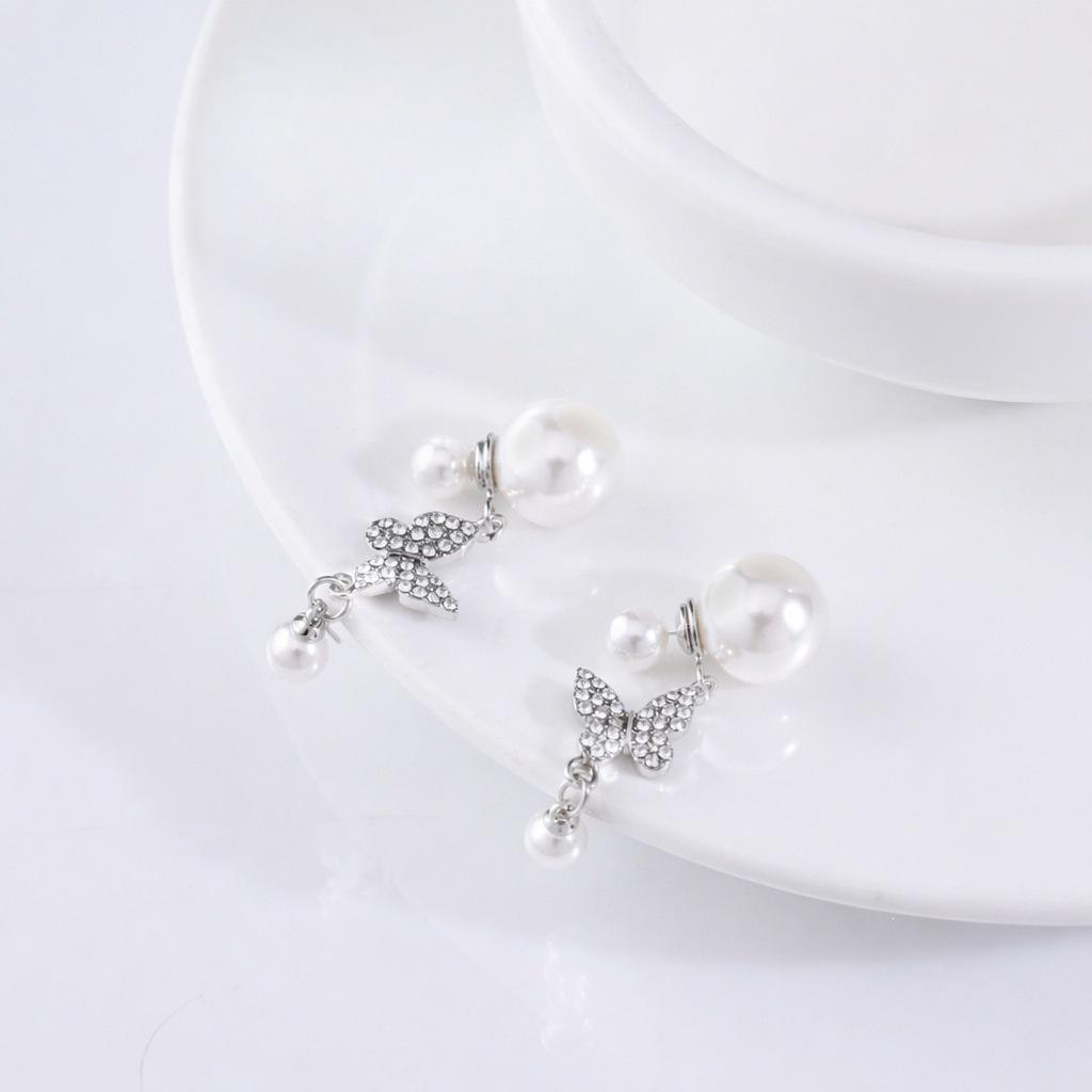 Silver Needle Vintage Rhinestone Butterfly Pearl Tassel Earrings for Women - Elegant and Versatile Fashion Studs