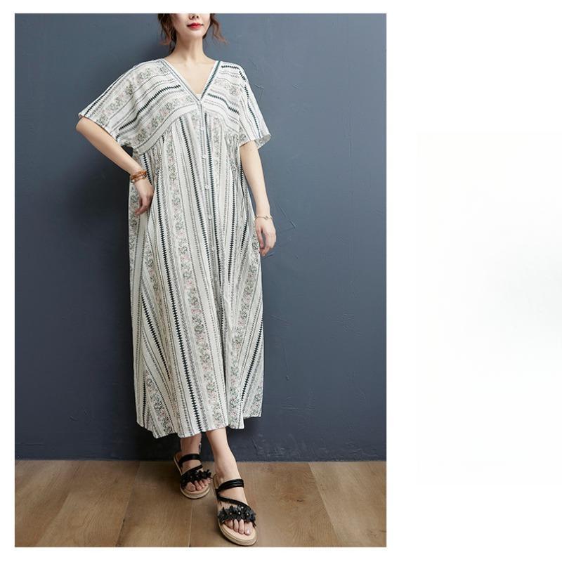 Summer Plus-size Women's Print Knee-length Skirt Literary Loose V-neck Dress