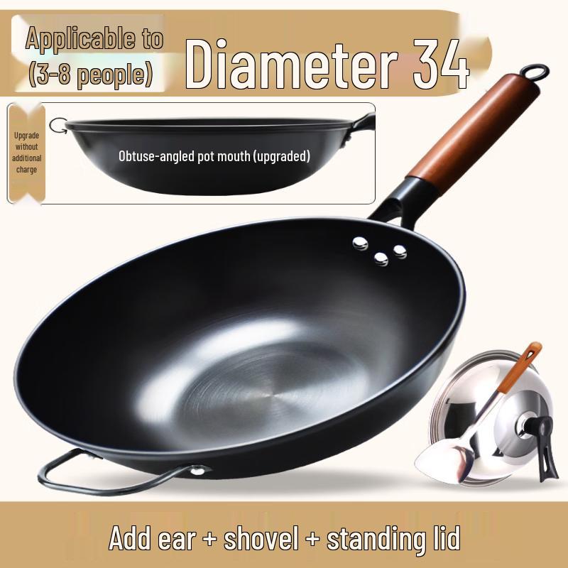 LIEI 34CM Pre-Seasoned Flat-Bottom Iron Wok Set