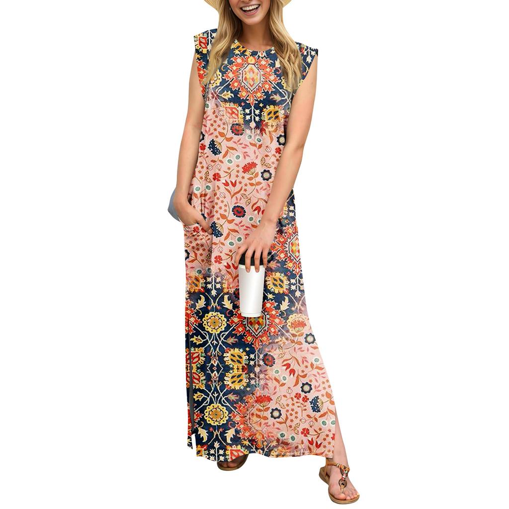 Letní šaty pro ženy s kulatým výstřihem Ležérní volný potisk s děleným potiskem bez vrásek dlouhé maxi plážové šaty s kapsami