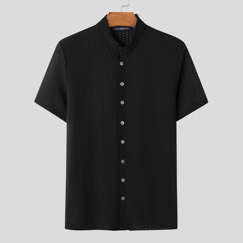 INCERUN Summer Men Stand Neck Short Sleeve Semi-Sheer Texture Skinny Casual T-shirts Tops
