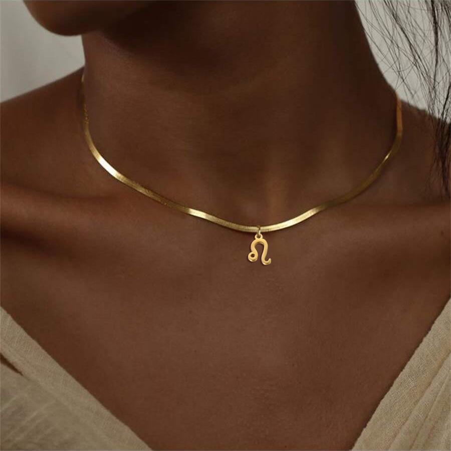18K Gold-Plated Fashionable 304 Stainless Steel Zodiac Necklace with Flat Snake Chain, Colorfast.