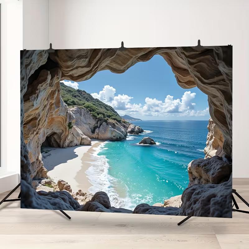 Seaside Cave View Backdrop Natural Rock Cave Coastal Scenery Photography Background Cloth for Wedding & Vacation Theme