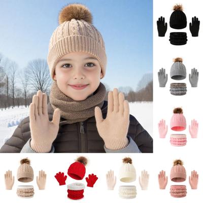 3Pcs/Set Women Hat Scarf Gloves Set Solid Color Plush Ball Decor Twist Texture Hat Fleece Lining Neck Warmer Gloves Set