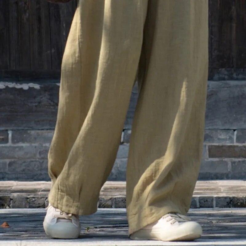 Johnature Women Vintage Straight Pants Elastic Waist Autumn Trouser Solid Color Loose Casual Women Long Pants