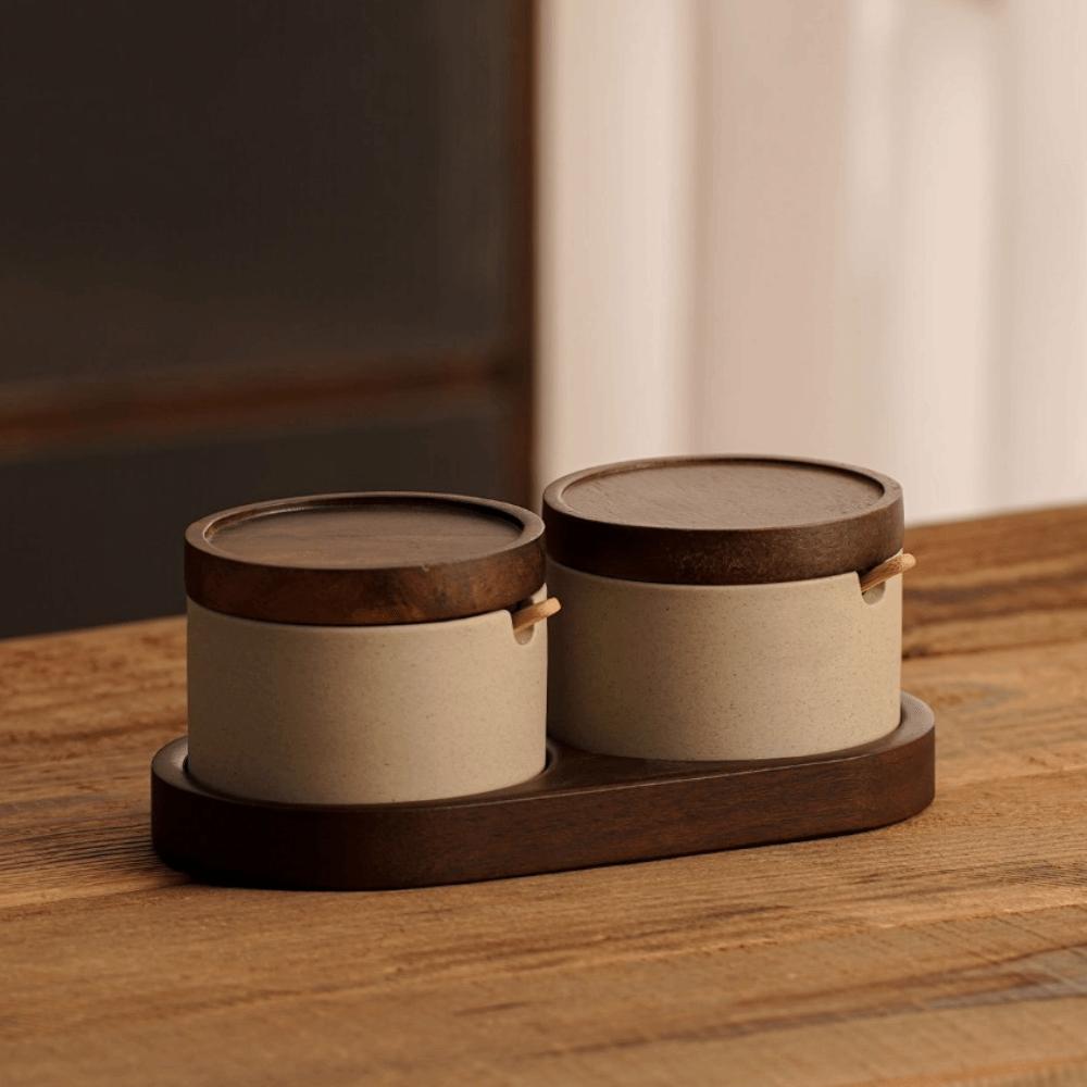 Pot à assaisonnement en céramique style japonais avec couvercle, plateau à cuillère, boîte à assaisonnement, récipient à épices pour restaurant