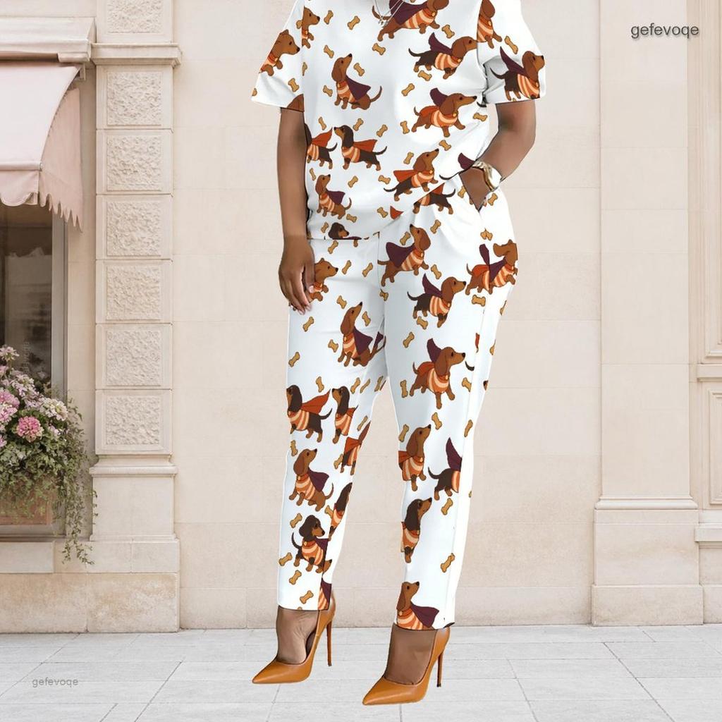 Women Plus Size White Printed Two Piece Set Short Sleeve Top Pocket Pants