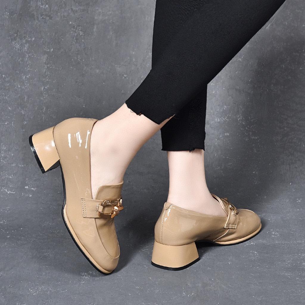 Autumn new one-pedal fashionable small single shoes round head thick heel cow patent leather square buckle women's shoes