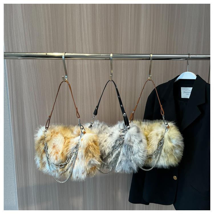JIAERDI Vintage Y2K Handbag Women Autumn New Hot Girls Chain Plush Soft Shoulder Bag Ladies Harajuku Grey Underarm Bag Aesthetic