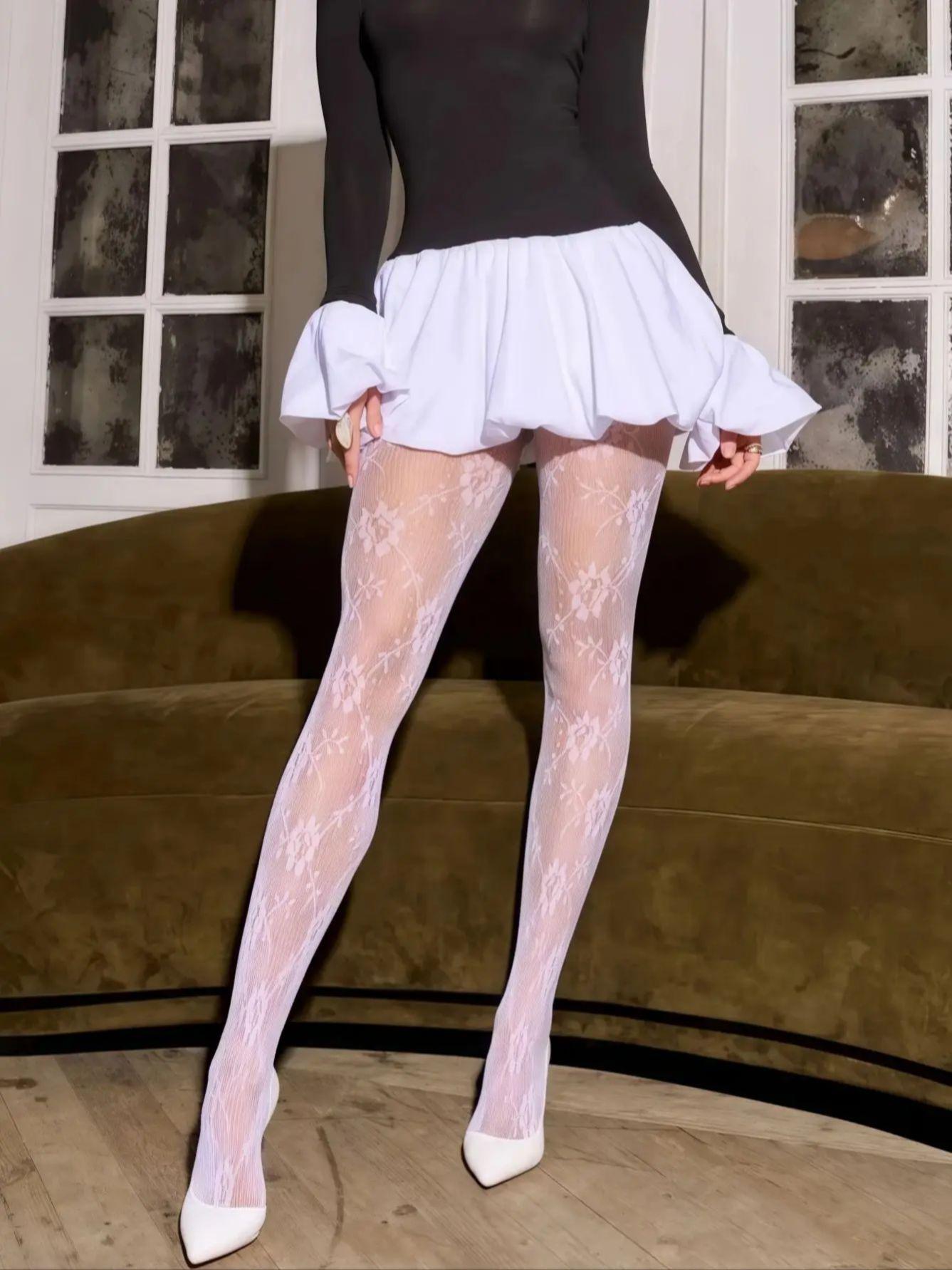 

Elegant White Floral Lace Tights For Women Sheer High Waist Fishnet Pantyhose For Bridal & Special Occasions L