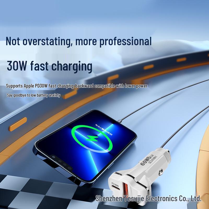 Apple-Compatible Super Fast 60W Car Charger with Three Ports (Dual USB-C)