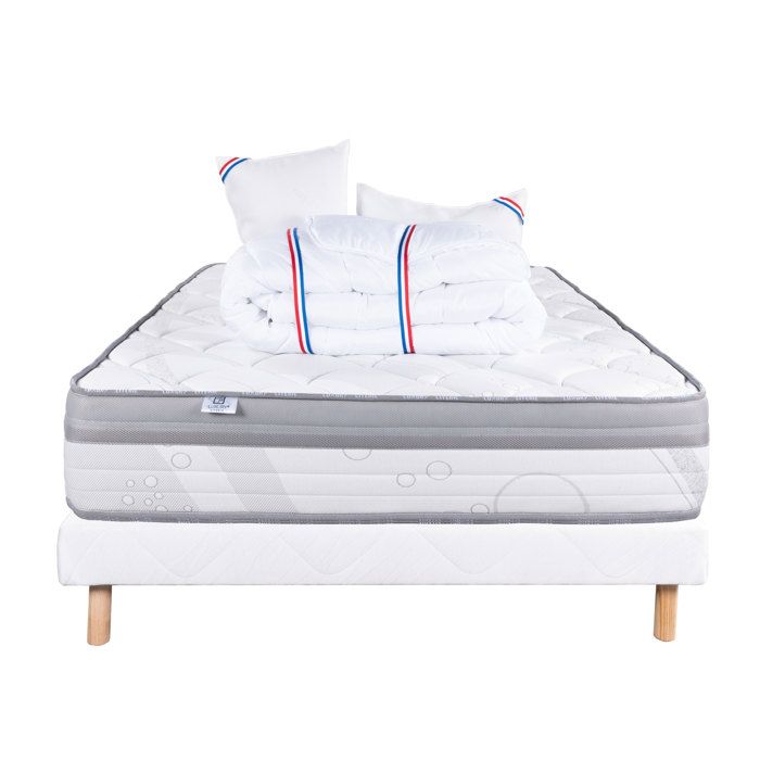 Relaxation Mattress Set, 26 Cm Pocket Springs, Firm Reversible + White Base 13 Cm Thick + 2 Pillows + Duvet