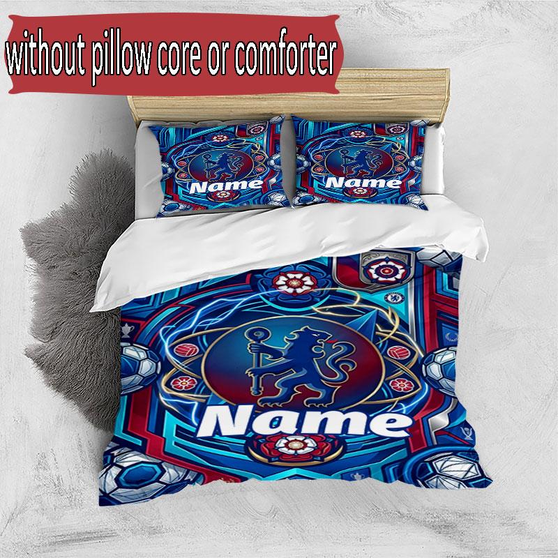 3pcs Duvet Cover Set (1*Duvet Cover + 2*Pillowcase, Without Core), Custom Name Chelsea Football Club Pattern Bedding Set, Home Bedroom Decor Gift