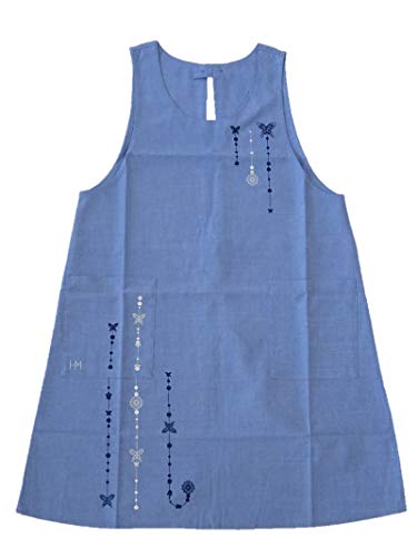Hanae Mori Brand Apron [HANAE MORI] [Wrinkle-Resistant Even After Washing] Polyester Kitchen Apron with Butterfly Embroidery, 67338 (Blue)