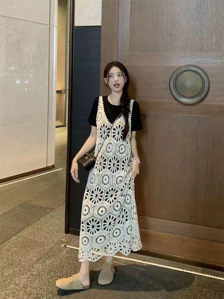 

Винтажное вязаное миди-платье без рукавов в стиле Мори с кардиганом One Size (Recommended 80-120 cm bust)