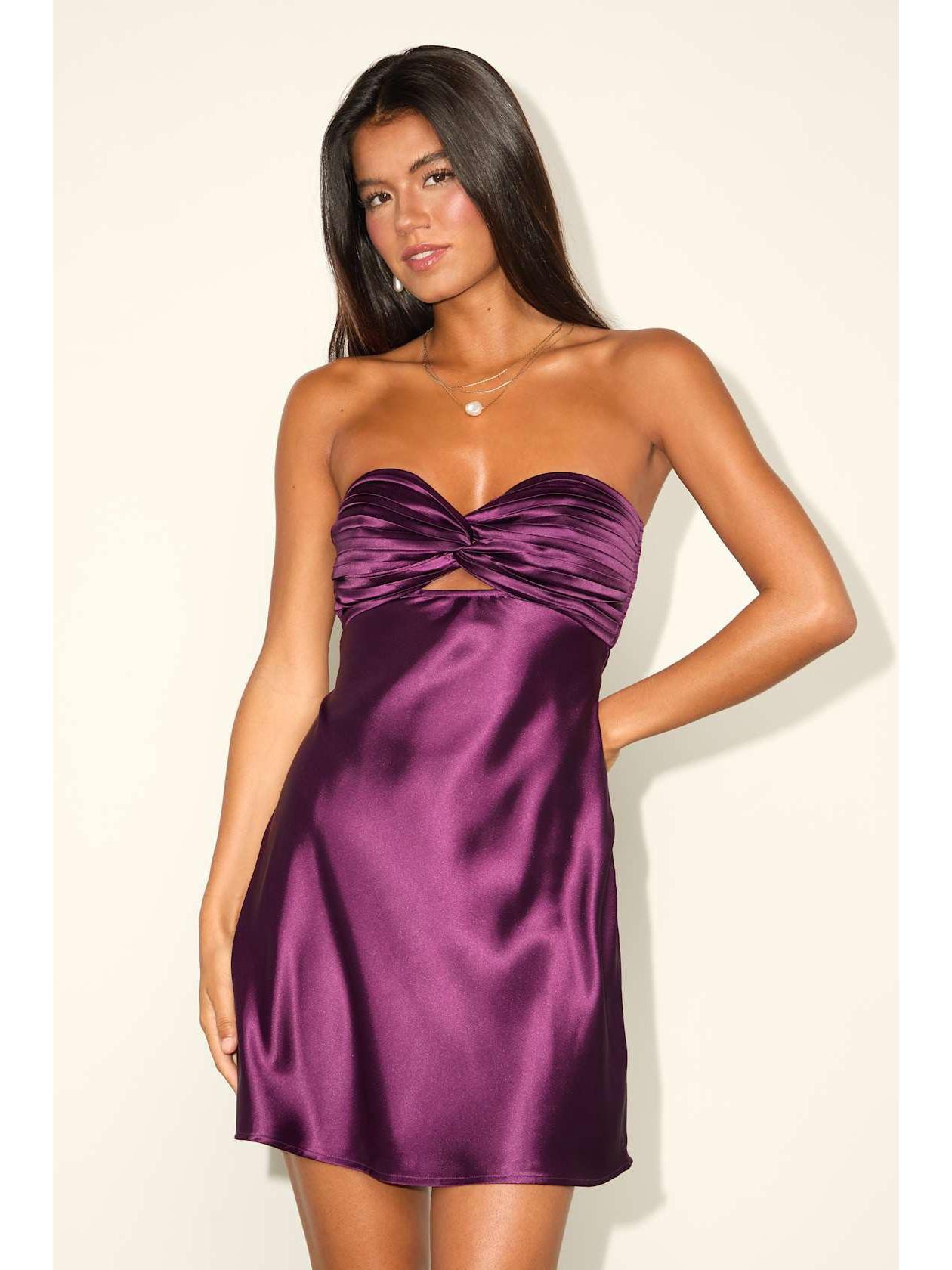 Elegant European Satin Evening Gown: Slim-Fit Bandeau Dress for Romantic Dates M фиолетовый