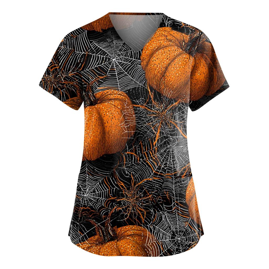 Dámská móda Overaly s krátkým rukávem a výstřihem do V s kapsami Halloweenské potištěné topy Oblečení